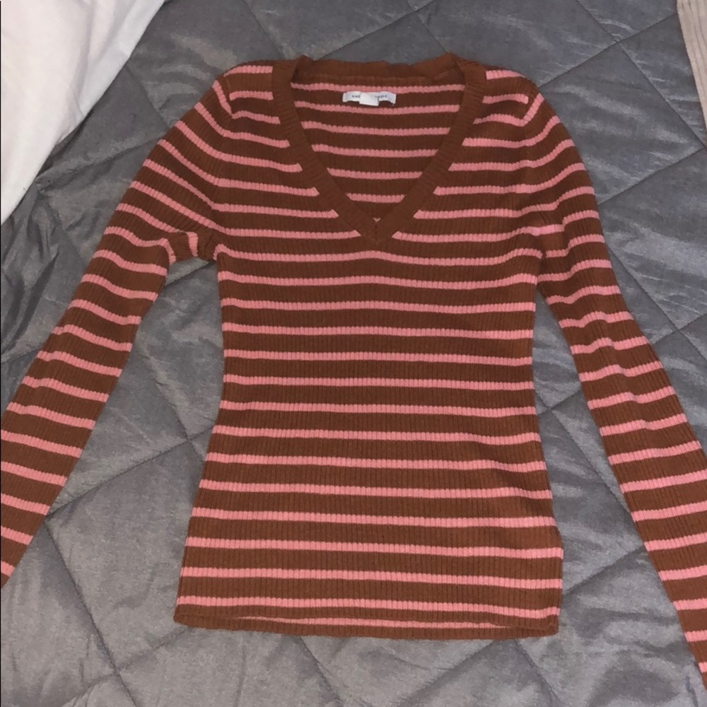 Ribbed V-Neck Long Sleeve Sweater